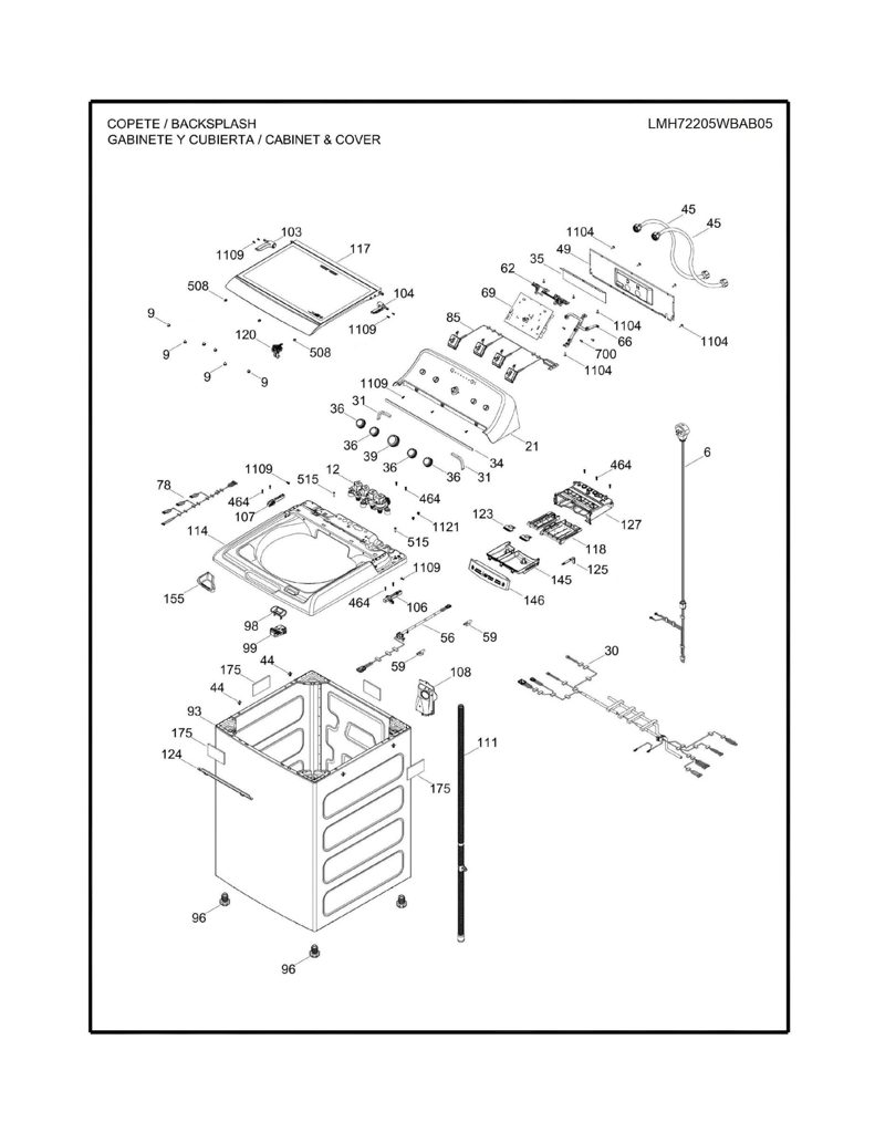 Panel trasero y salpicadero para lavadora Mabe 233D2992G010 CKD25362 CKD2536