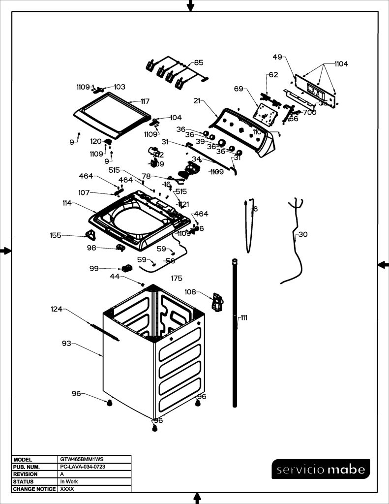 Ensamblaje IML y Copete Lavadora Mabe 233D2588G010 CKD27249 CKD2724