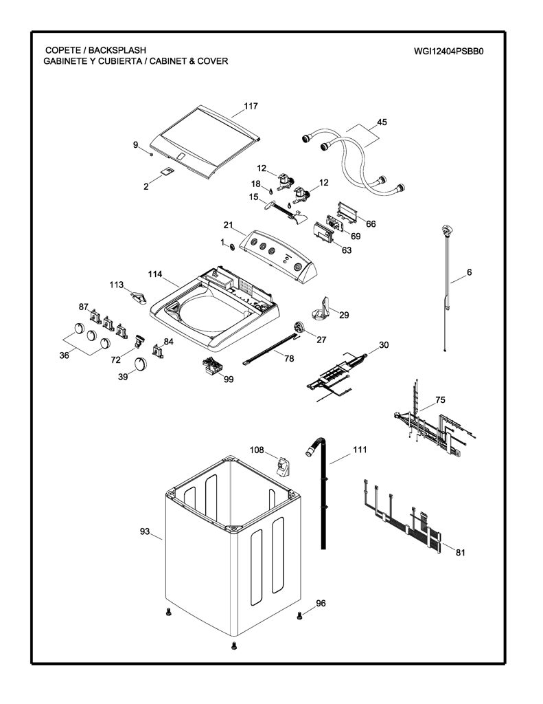 Superior y gráficos para lavadora GE - Repuesto genuino 189D4317G010 CKD27543 CKD2754