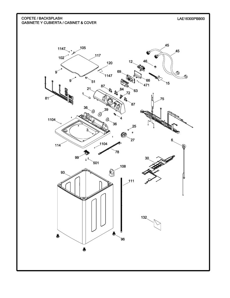 Mabe Lavadora Parte superior y gráficos 233D1546G015 - Parte genuina CKD30094 CKD3009