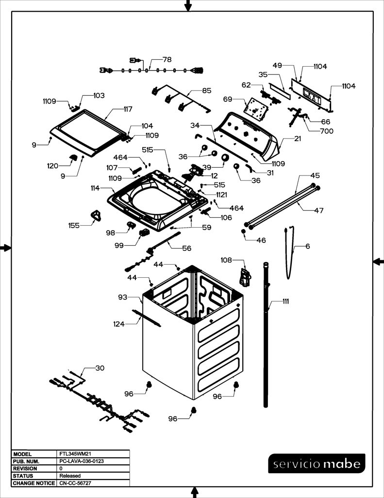 Conjunto Gabinete para Lavadora Mabe 233D2157G015 CKD30661 CKD3066