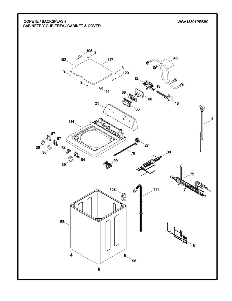 Superior y gráficos para lavadora GE 189D4318G002 CKD31314 CKD3131