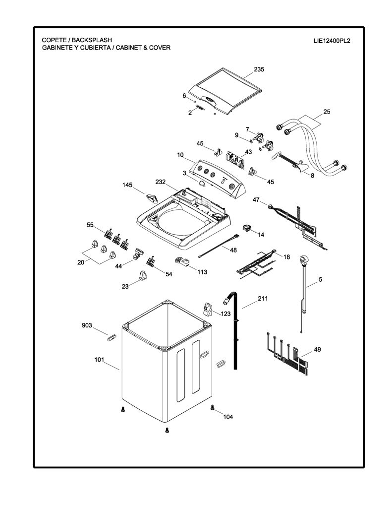 Ribete superior Lie12400Pl2 para lavadora Mabe 189D3485G018 CKD32546 CKD3254